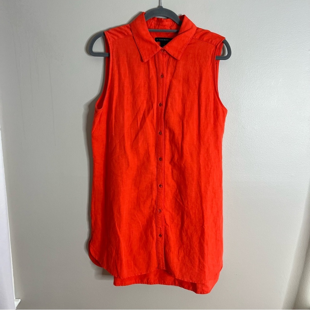 Grace Elements Size Large Linen Tencel Collared Shirt Dress Tunic Red Orange TT6